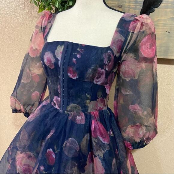 NWOT Lulus Lovely Idea Navy Blue Floral Three-Quarter Sleeve Skater Dress - Picture 4 of 12